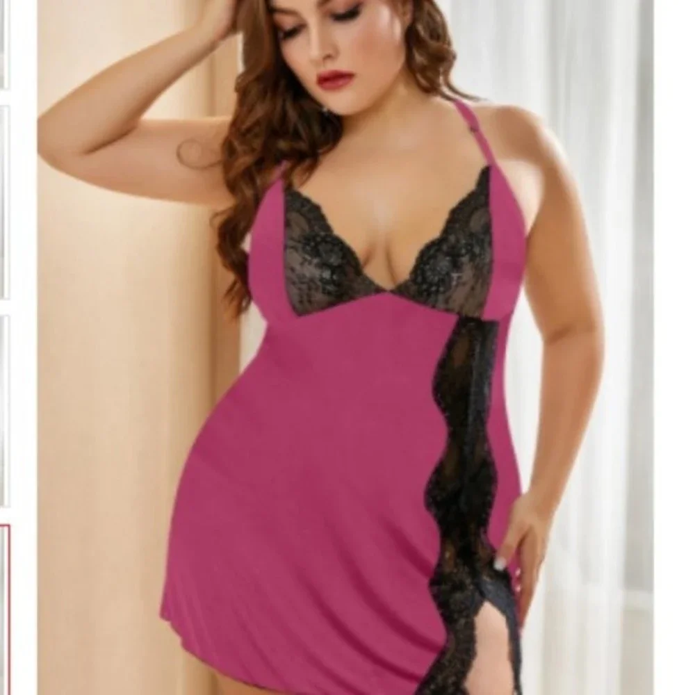 Pink and black Rose Lace Stitching Babydoll nighty lingerie - Picture 1 of 4
